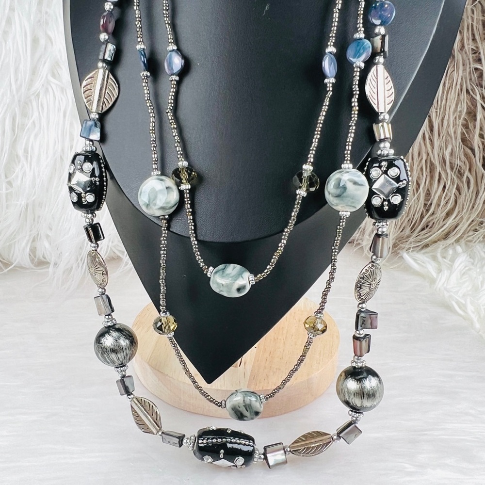 Black Silvertone Multi Beaded, Stone Long 3 Stran… - image 6